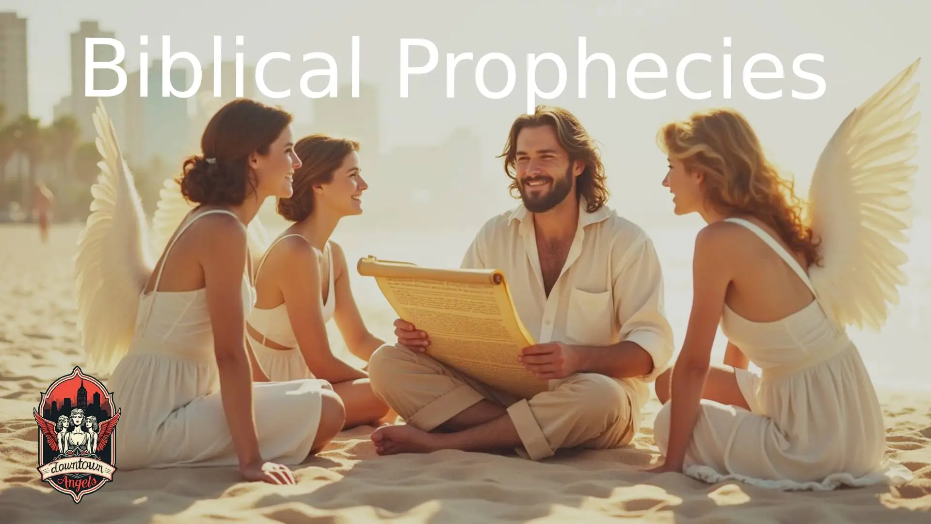 Jesus Christ sits on a beach holding a scroll, accompanied by three angels. The words “Biblical Prophecies” appear in white text at the center of the image