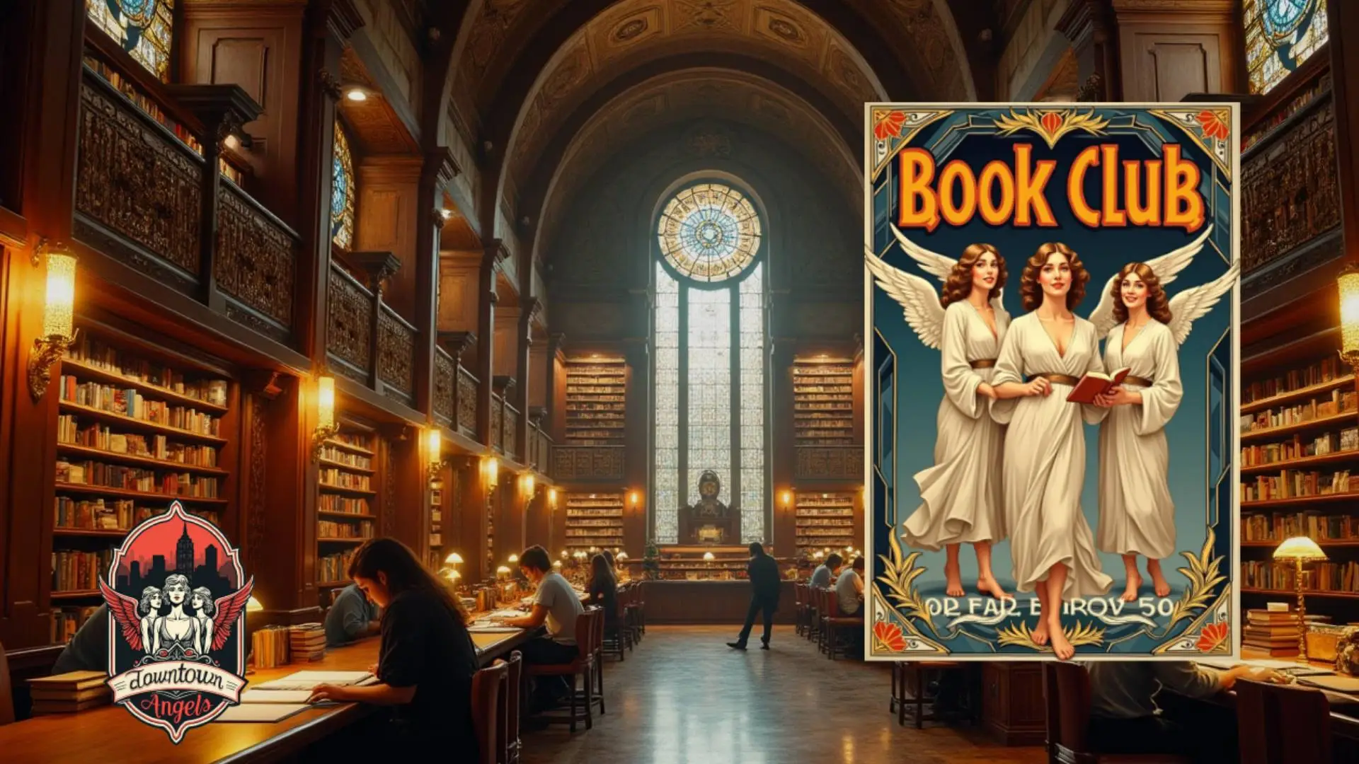 An art deco-style university library filled with students reading and studying. On the right side, a large poster of three angels is displayed with the words “Book Club” in white text.