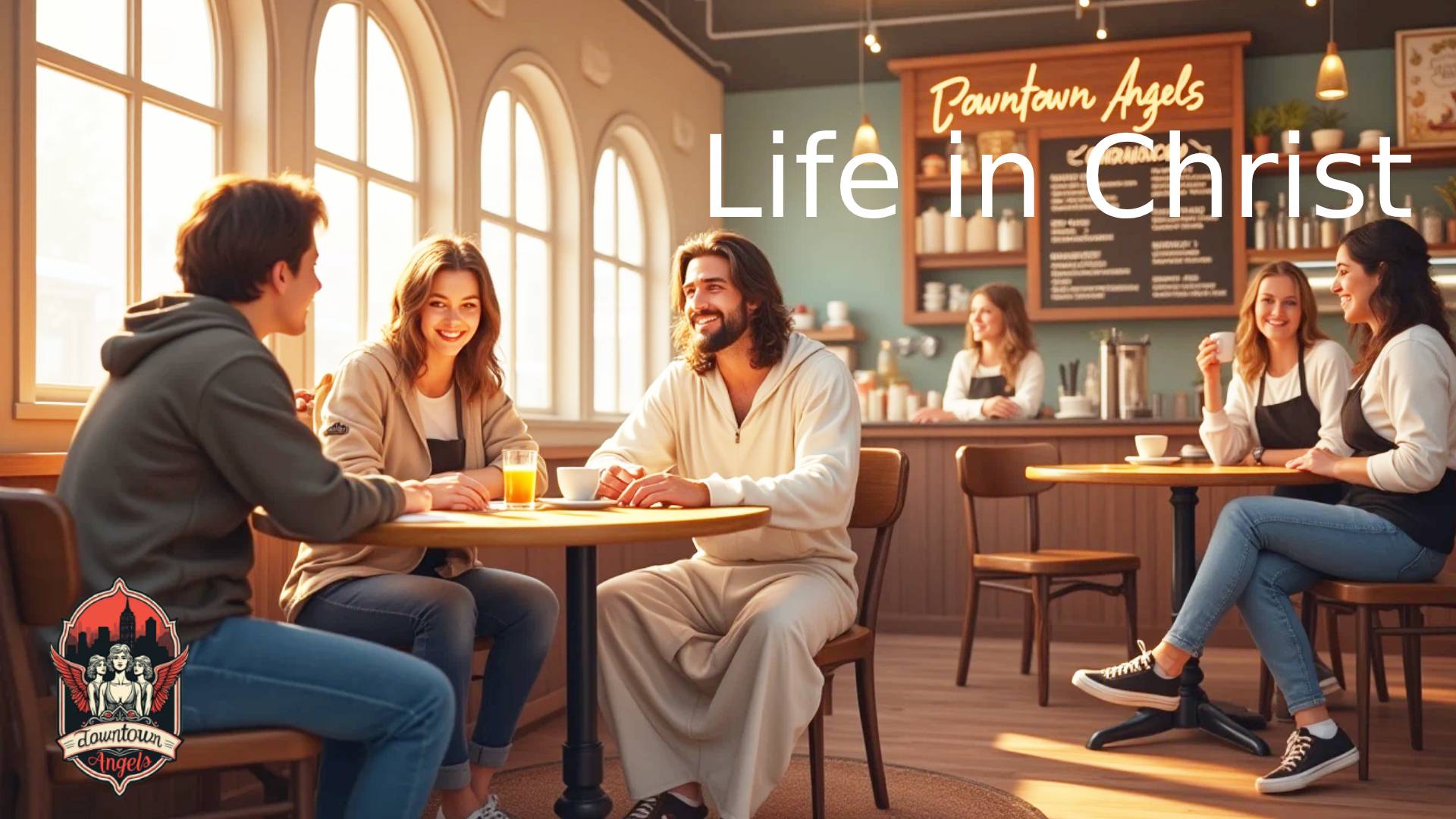 Jesus is sitting in a coffee shop with friends, while three angels are visible in the background. Large white text reading “Life in Christ” is displayed prominently.