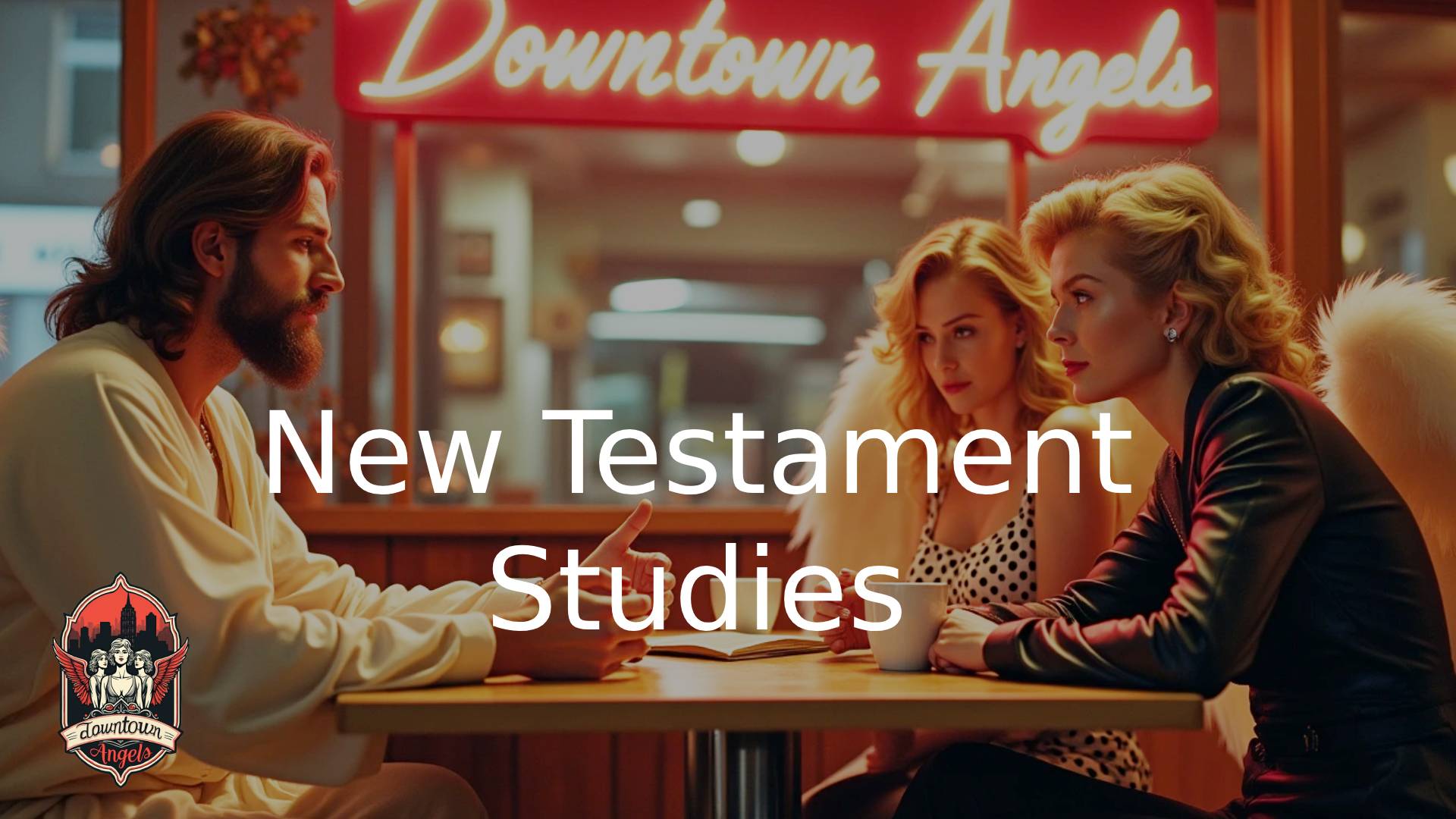 Jesus Christ is seated at a wooden table, holding a drink in His hand. Two angels join Him, attentively listening as Jesus teaches from the New Testament. The setting is calm and intimate, highlighting a moment of spiritual guidance and fellowship