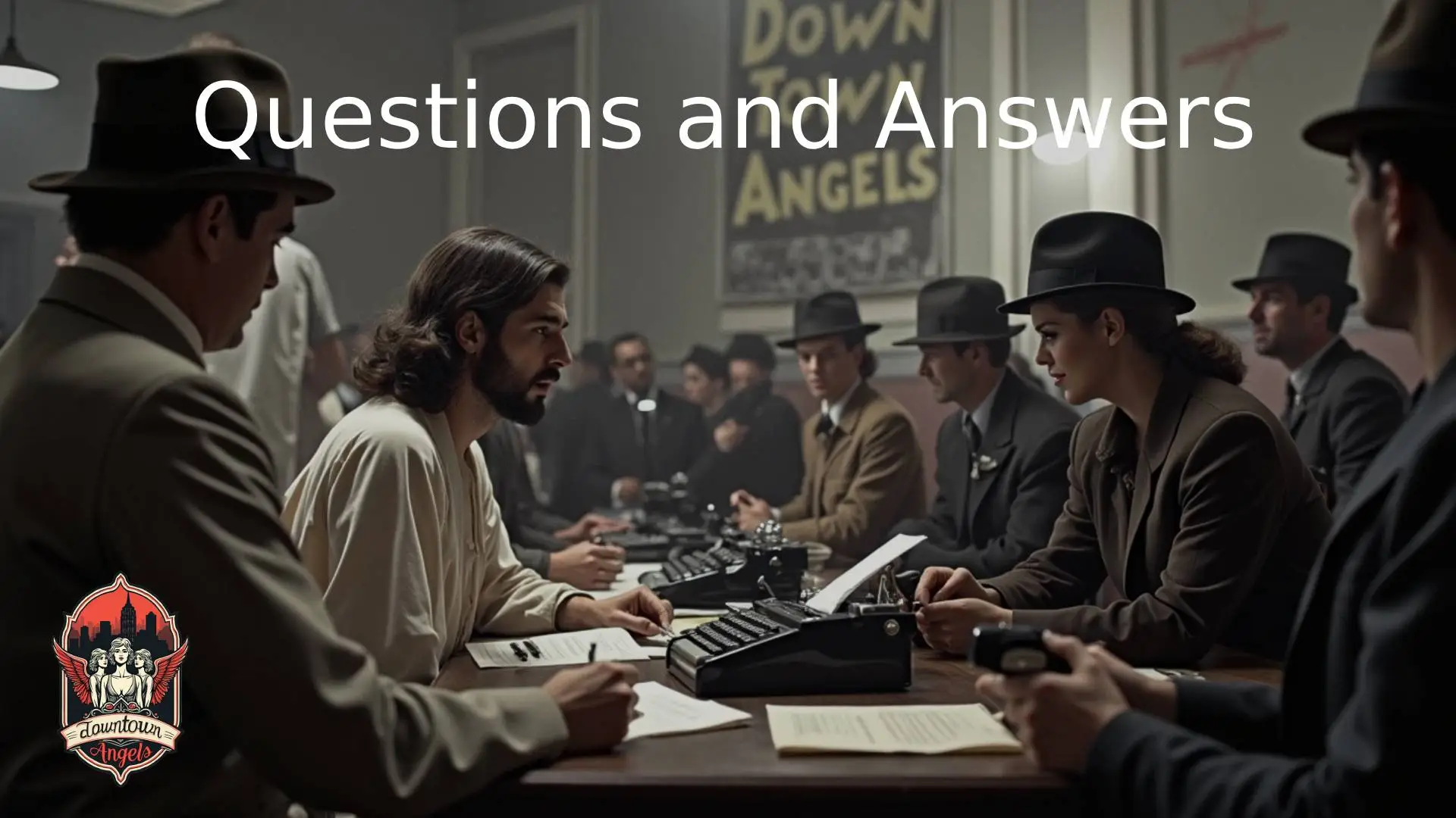 Jesus Christ is seated at a desk in a press room, resembling a modern office setting. Several reporters are gathered around, asking thoughtful questions about the gospel. White text reads “Questions and Answers.”